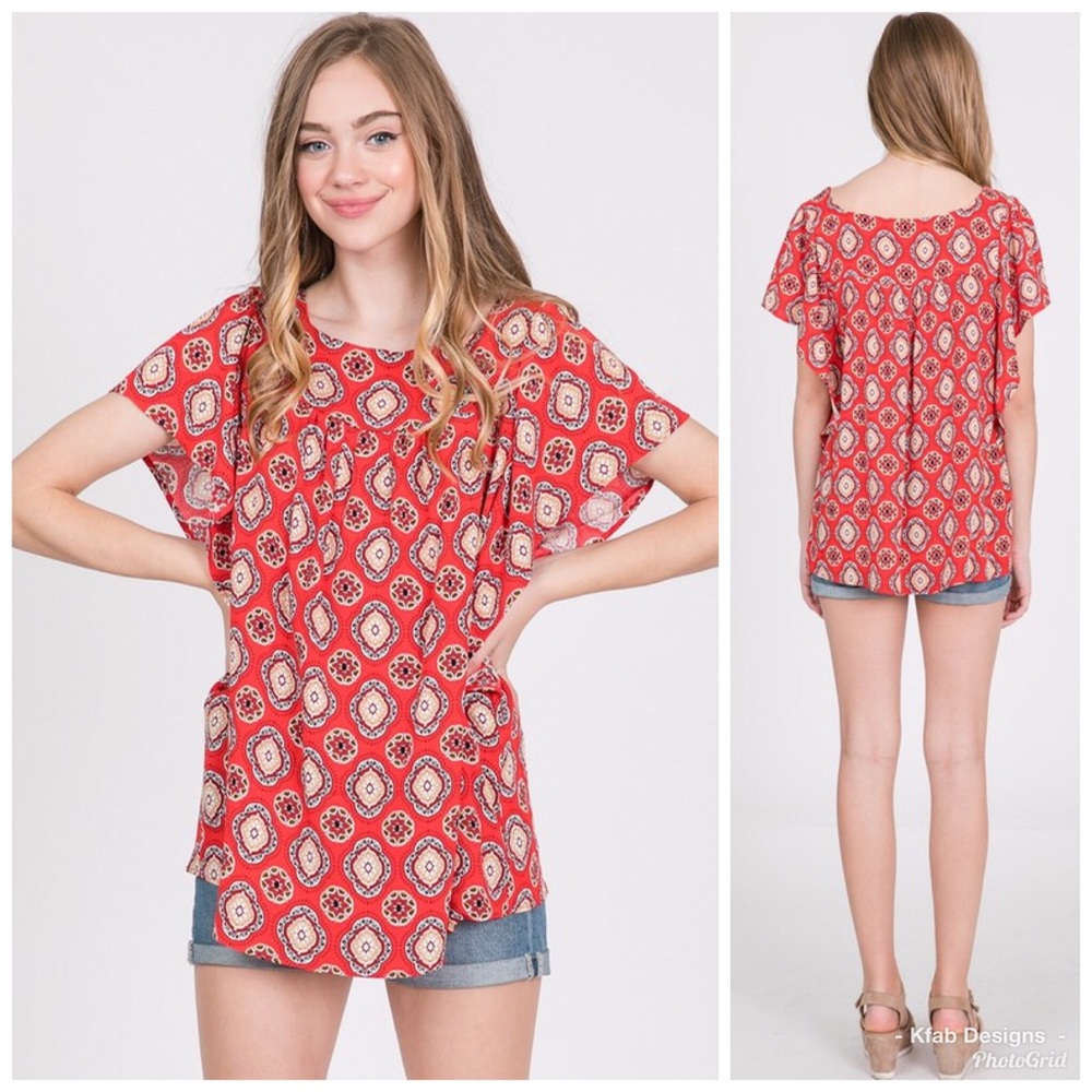 🥰LAST 2! Relaxed Soft Woven Ruffle Printed Top - Picture 3 of 8
